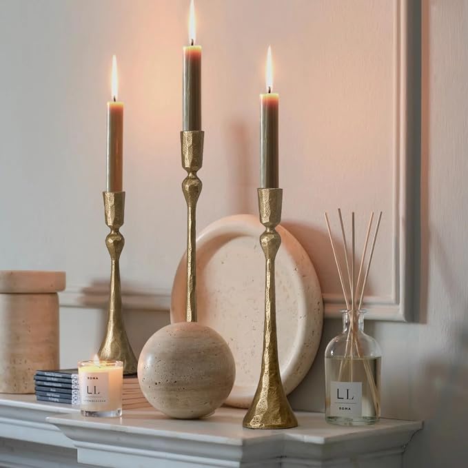 Vintage Cast Iron Taper Candle Holder - Set of 3 Decorative Candle Stand, Candlestick Holder for Wedding, Dinning, Party (Antique Brass)