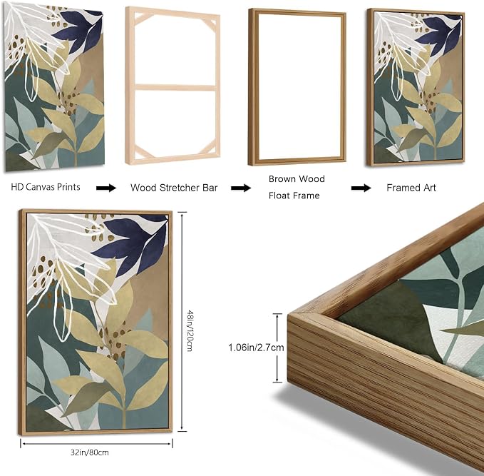 Large Botanical Wall Art for Living Room Natural Wood Float Framed Art Set of 3 Tropical Plant Pictures Boho Artwork Green Brown Leaf Canvas Prints for Bedroom Kitchen Home Office Wall Decor 32"X48"X3