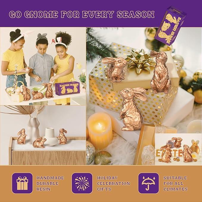 GoGnome Set of 3 Rosy Bronze Easter Decorations Resin Bunny Figurines – Easter Decorations for Home, Elegant Rabbit Decor for Table, Shelf, Mantel (Gold)