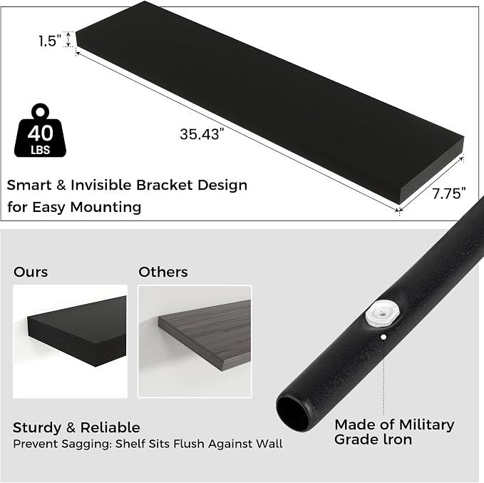 36" Wide x 8" Deep Floating Shelves for Wall, Black Finish, 2-Pack | Engineered Wood Wall Shelves with Invisible Brackets for Living Room, Bedroom, Bathroom, Office & Kitchen Storage