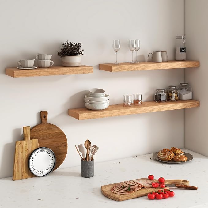 FLYJOE Floating Shelves for Wall, USA-Sourced Oak Wood 30 Inch Wall Shelves Set of 2, Natural Wooden Mounted Picture Ledge Shelf, Nursery Book Storage Shelf Kids Bookshelf Display, Shelf for Bathroom