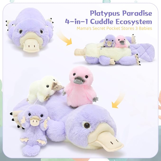 MorisMos 4Pcs Platypus Stuffed Animal, 24 Inch Cute Mommy Platypus Stuffed Animals with 3 Baby, Plush Gifts Kids Boys Girls, Purple