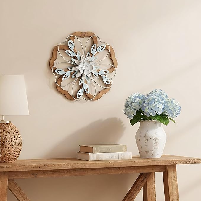 Remenna Metal Flowers Wall Decor, Rustic Floral Art, White & Blue, Farmhouse Hanging Decoration for Living Room, Bathroom, Garden