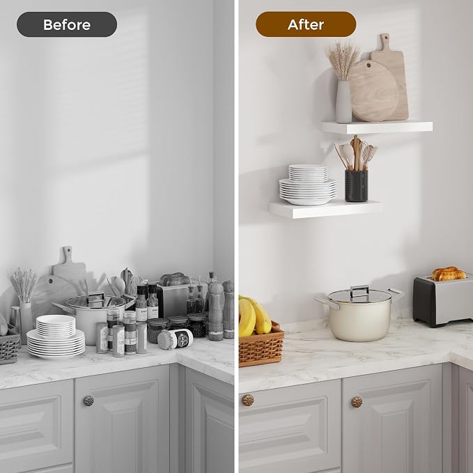 White Floating Shelves, 16 inch Wooden Floating Shelves for Wall, 9.3in Deep Wall Mounted Shelf for Storage & Organizer, Shelving for Bathroom Living Room Kitchen Bedroom, 16 x 9.3 x 1.5 in, 2 Packs