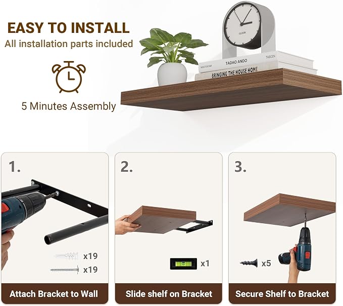 Acovy 36 Inch Floating Shelves, 36"x9.25"x1.5" Inch Deep Floating Shelves for Wall, Wooden Shelves for Bathroom, Bedroom, Living Room, Walnut, 2 Pieces