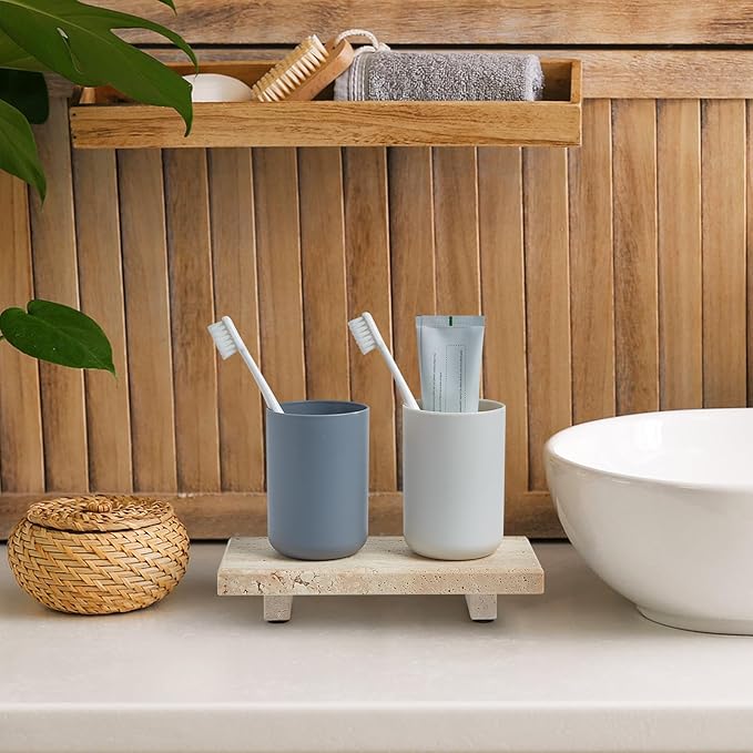 Natural Travertine Tray Pedestal Stand – Soap & Jewelry Riser for Bathroom Counter, Kitchen Sink, Vanity Organizer, Decorative Stone Catchall for Perfume, Candles