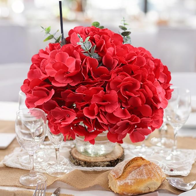 AVIVIHO Fake Flowers 65pcs Red Hydrangea Artificial Flowers Bulk (Not Squished, No Steaming Need) Silk Flowers with Stems for Wedding Decor,Home,Baby Shower,Table Centerpieces Decoration