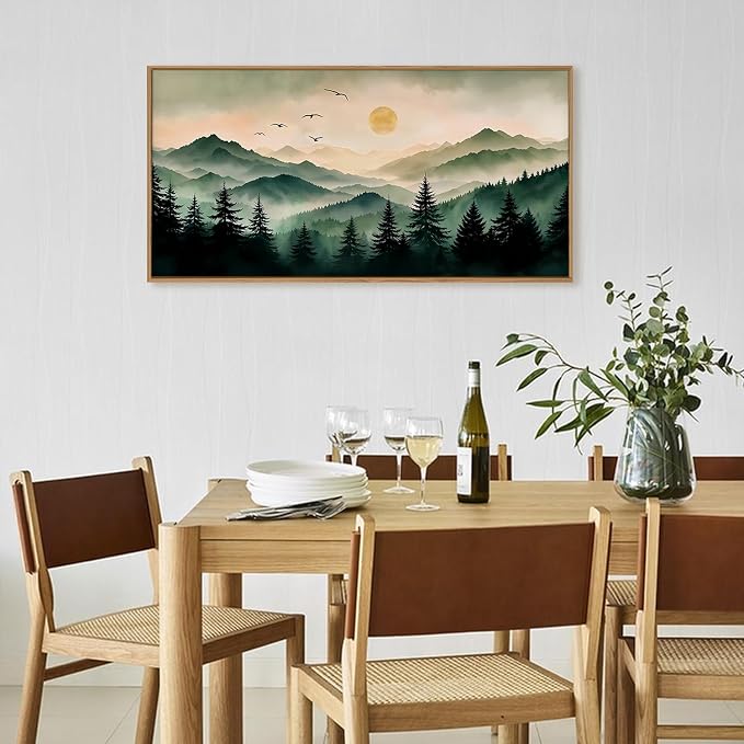 Large Boho Mountain Framed Canvas Wall Art Set 20"x40"x1 | Misty Forest Landscape Green Pine Tree Wall Painting Nature Sunrise Art Prints Living Room Bedroom Dining Room Office