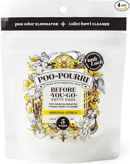Poo-Pourri Before-You-Go 2-in-1 Toilet Potty Pods, Original Citrus, 5 Ct, Bathroom Odor Deodorizer and Toilet Cleaner with Essential Oils, Lemon, Bergamot and Lemongrass Scent (Pack of 4)