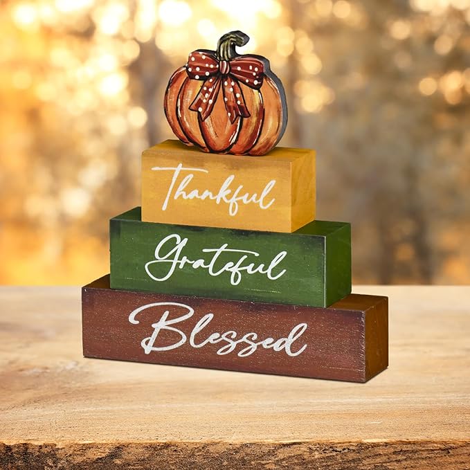 Smile Thanksgiving Fall Decor Indoor Wooden Block Signs, Pumpkin Decor Thankful Grateful Blessed for Rustic Farmhouse Home,Thanksgiving Table Tiered Tray Kitchen Harvest Decorations