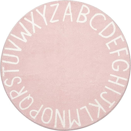 Topotdor Round Kids Play Rug Alphabet Nursery Area Rug Extra Large Soft Crawling Play Mat for Children Toddlers Bedroom (96 inch, Pink)