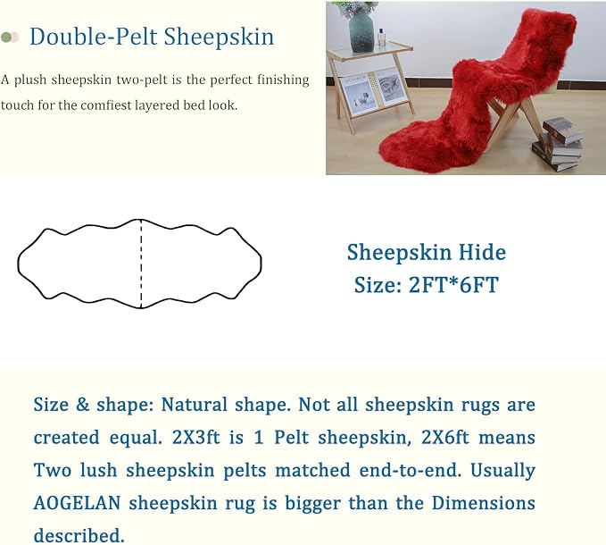 AOGELAN Red Genuine Sheepskin Rug, Fuzzy Fluffy Shaggy Fur Soft Area Rug for Soft Fuzzy Plush Bedroom Living Room Fur Wool Pray Pup Cushion, Chair Sofa Seat Cover(Red, 2 Pelt)