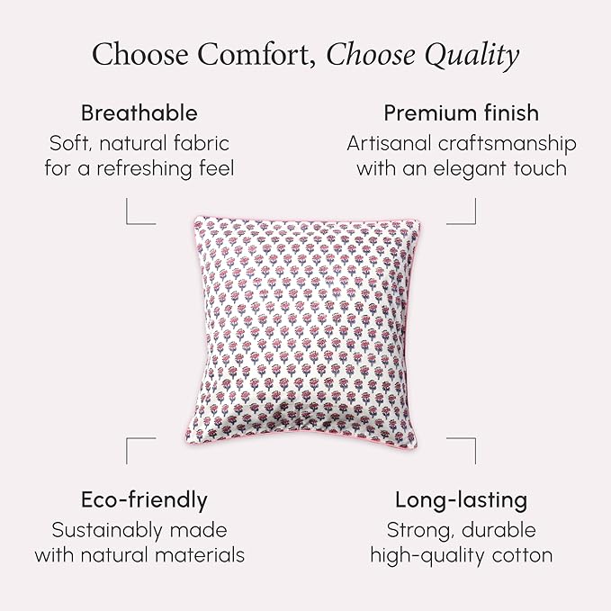 CPC 100% Cotton Throw Pillow Covers 20x20 Inch, Set of 2 Pink Block Print Pattern Couch Pillow, Cute Boho Decorative Pillows for Living Room, Bedroom with Hidden Zipper- Pink Sapphire