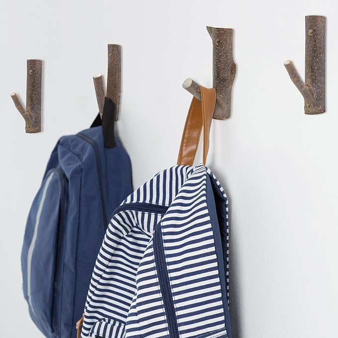 2Pcs Real Wood Tree Branch Wall Hook, Farmhouse Rustic Decorative Wooden with Bark Trunk Thickness 2cm-3cm with Screw