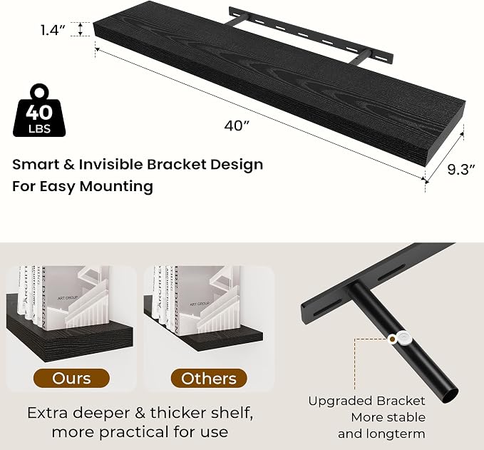 Dreamland 40Inch Black Floating Shelves 9.3" Deep Wall Mounted Set of 2 | Wall shelves for bathroom, bedroom, Living Room, kitchen, deep wall mount wood storage display for home decor 40" x 9.3"