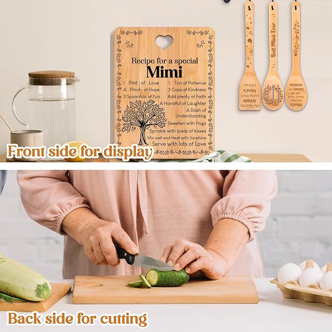 Mimi Gifts - "Recipe for a Special Mimi" Gift for Mimi Cutting Board Set, Bamboo-Made Engraved Utensil Set Best Mimi Ever Presents Cutting Board, Mothers Day Gifts for Mimi.
