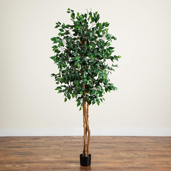 Nearly Natural 74in Artificial Triple Trunk Ficus Tree, Faux Greenery with Natural Wood Trunks for Indoor Home Decor