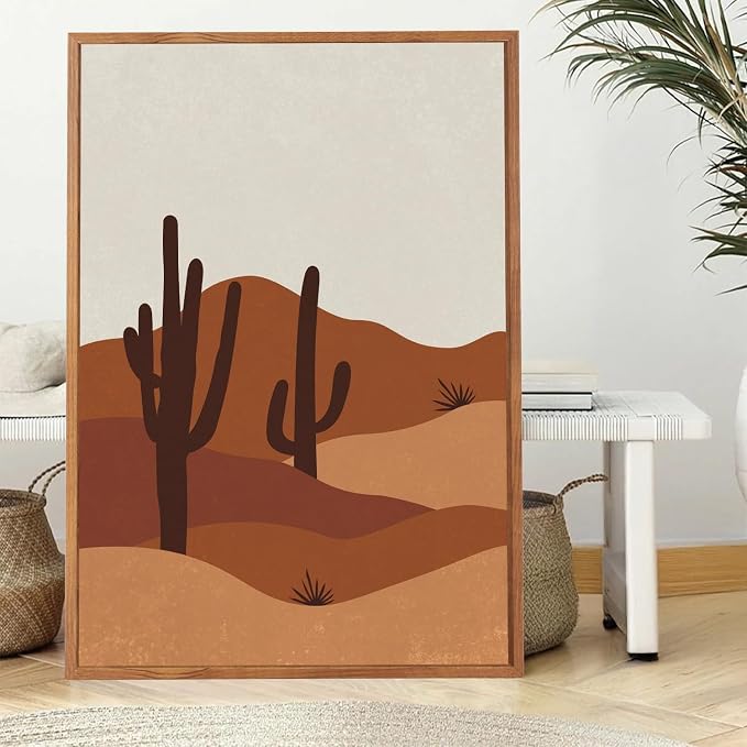 LHIUEM Boho Desert Framed Canvas Wall Art,Abstract Sun Moon Wall Decor,Modern Cactus Landscape Painting,Mid Century Southwestern Artwork for Living Room,Bedroom,Dining Room -24"x36"x3