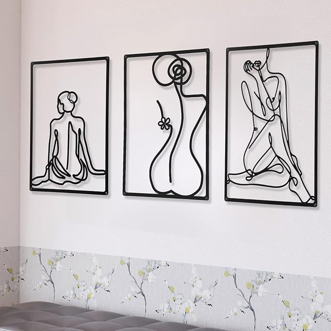 CHENGU 3 Pieces Metal Minimalist Abstract Woman Wall Art Line Drawing Wall Art Decor Single Line Female Home Hanging for Kitchen Bathroom Living Room
