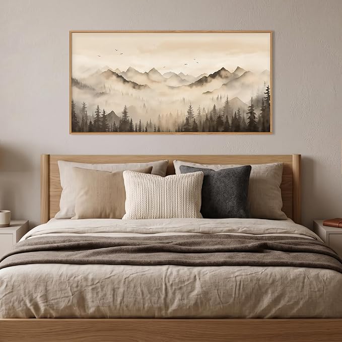 Neutral Misty Mountain Forest Framed Canvas Wall Art Set,Nature Foggy Pine Tree Landscape Wall Decor,Watercolor Beige Brown Scenery Artwork for Living Room,Bedroom,Office-40 x20 x1