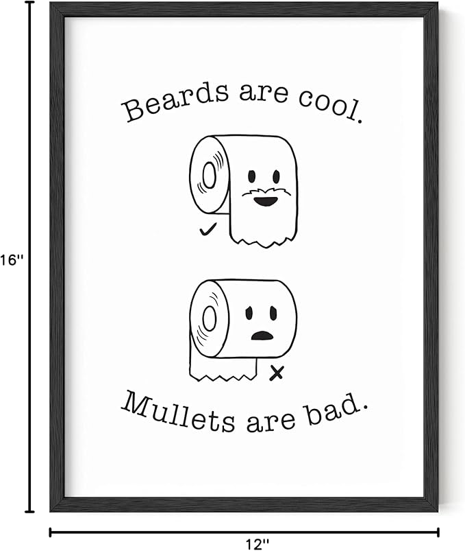 HAUS AND HUES Funny Bathroom Decor – Beard and Mullet Wall Art, Humorous Bathroom Sign, Fun Wall Print for Restroom, Guest Bath, or Home Decor (12x16, Unframed)