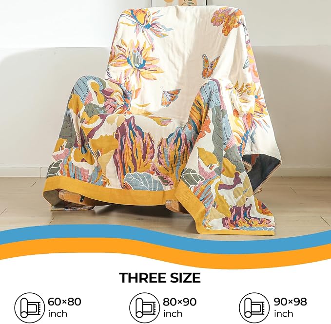 Boho Throw Blanket for Bed,100% Cotton Breathable Muslin Soft Throw, Fall Bed Throw Blanket Floral Bird Butterfly Printed Decor Large Blankets,80"×90" Rustic Farmhouse Throw for Sofa Couch Chair