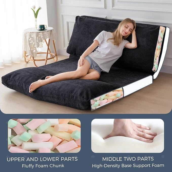 MAXYOYO Folding Sofa Bed, Extra Thick and Long Floor Sofa Convertible Chair with Washable Cover, Floor Couch Lounge Bean Bag Bed for Living Room, Black, 39x91 Inch