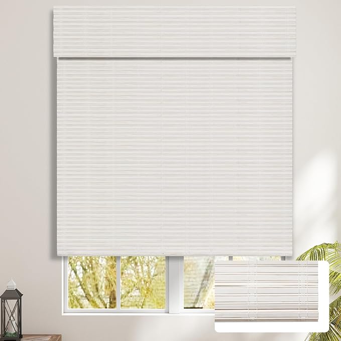 SEEYE Cordless Bamboo Blinds Shades, Light Filtering Bamboo Roller Shades Natural Roman Blind Shade, Roll Up Blind for Windows, Easy to Install for Door, Bedroom, 27" W x 64" H, White