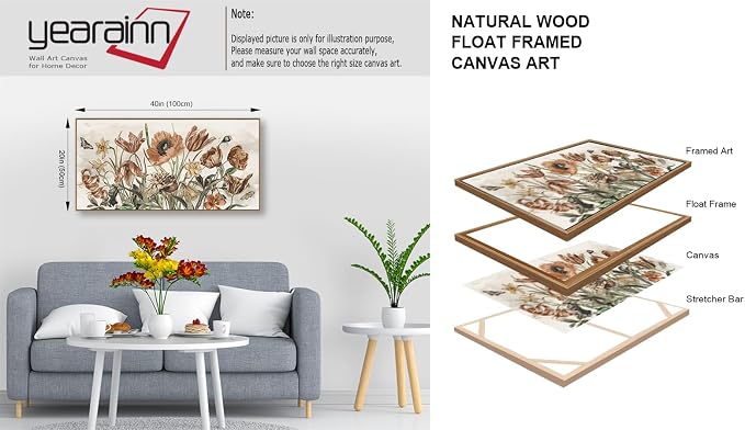 yearainn Rustic Floral Framed Wall Art - Warm Earthy Tones Flowers Canvas Pictures Wall Decor Farmhouse Painting Artwork Elegant Botanical Prints Living Room Home Decor Natural Wood Frame 40" x 20"