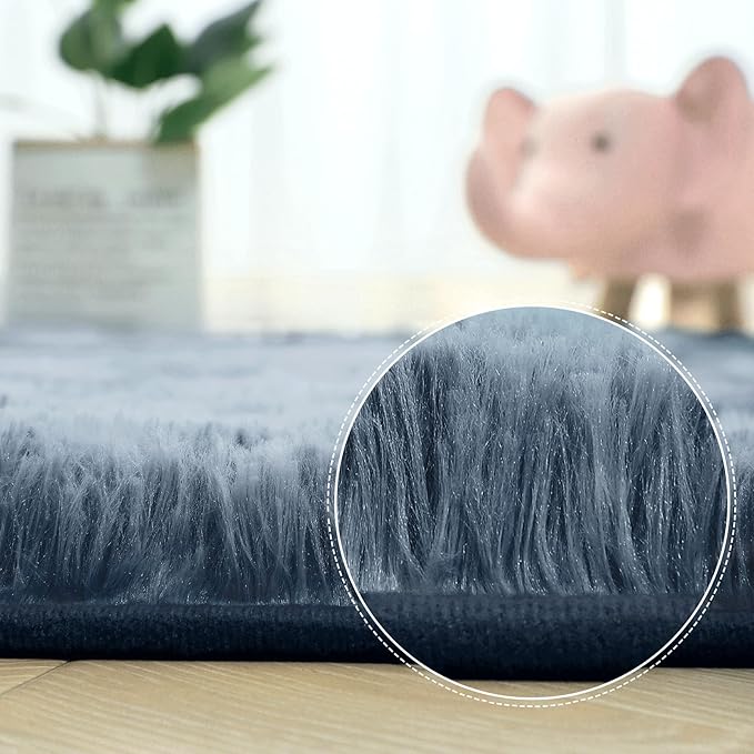AROGAN Shag Carpets 2x6 Rug for Hallway, Washable Rugs Runners with Memory Foam for Bedroom, Entryway Indoor Fluffy Throw Rug for Beside Kids Girls Nursery Dorm, Blue and Grey