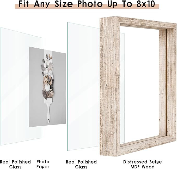 MUYE 8x10 Floating Frame Distressed Beige White Wood Pattern,Double Glass Picture Frame Set of 2 Display Any Size Photo up to 8x10,Wall Mount or Tabletop Stand