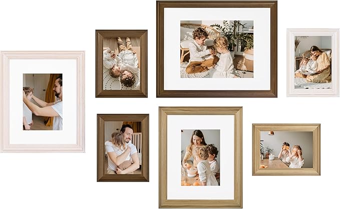 eletecpro Gallery Wall Frame Set of 7, Multiple Sizes Solid Wood Picture Frames Collage Wall Decor Including 1Pc 11x14, 2Pcs 8x10, 4Pcs 5x7 Photo Frames, Natural, White, Brown