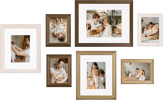 eletecpro Gallery Wall Frame Set of 7, Multiple Sizes Solid Wood Picture Frames Collage Wall Decor Including 1Pc 11x14, 2Pcs 8x10, 4Pcs 5x7 Photo Frames, Natural, White, Brown