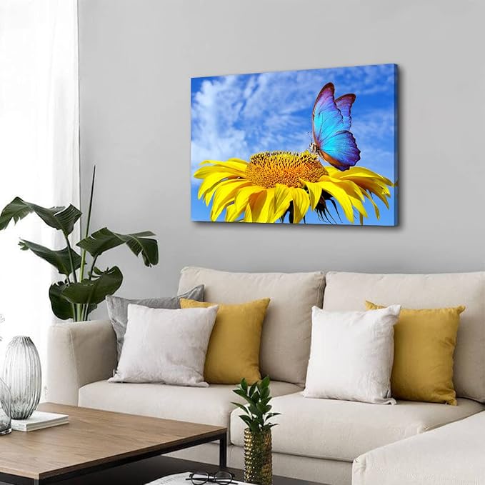 Sunflower Wall Art Bathroom Decor Blue Butterfly Canvas Pictures for Bedroom Sunflower Wall Decor Floral Posters Living Room Kitchen Home Decoration Yellow Sunshine Flower Painting Modern Artwork 20x30"