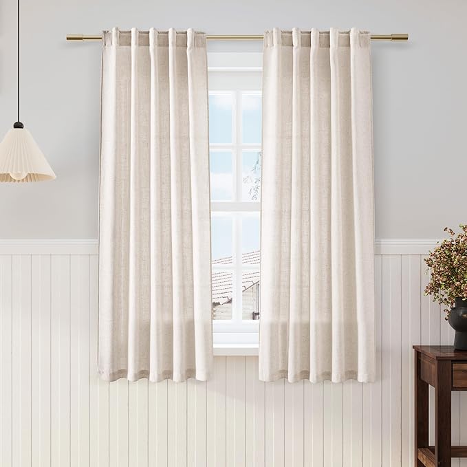 Nanspring Beige Linen Curtains 63 inches Long for Bedroom Back Tab Sheer Beige Curtains Modern Farmhouse Coastal Decor Cotton Textured Gauze Curtain for Bathroom 2 Panel Set 52x63