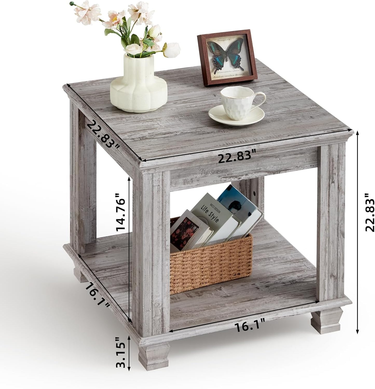 Farmhouse End Table Set of 2,Large Side Table with 2-Tier Storage Shelf,Rustic Wood End Tables for Living Room,Square Tea Table,Gray