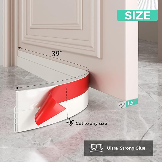 Hojoy 4 Pack Under Door Draft Stopper, Adjustable Door Sweep Anti-Collision Strong Adhesive Weather Stripping Tape Soundproof Draught Stoppers 2" W x 39" L, White