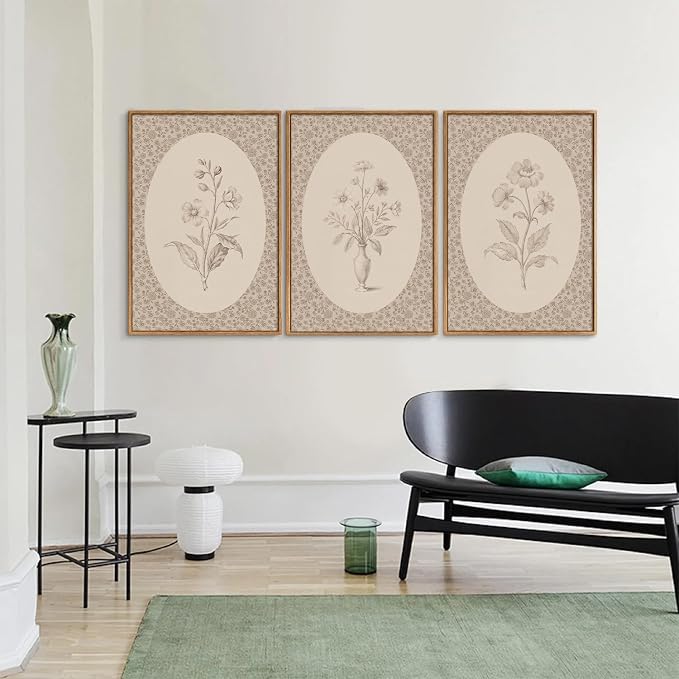 Rantodecor Vintage Flower Framed Canvas Wall Art Triptych, Rustic Floral Wall Decor, Retro Sketch Botanical Art Paintings, Antique French Cottage Artwork for Girls Bedroom Living Room Bathroom 24"x36"