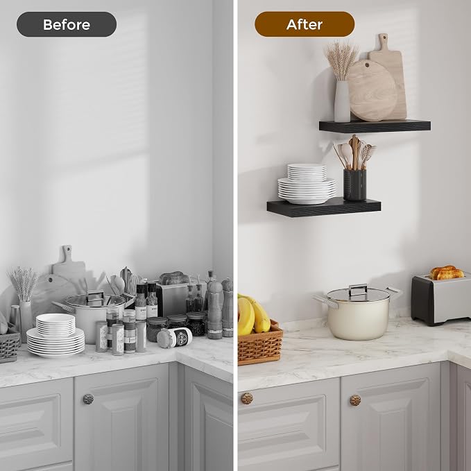 Floating Shelves for Wall, 16 inch Black Shelves 9.3in Deep Wooden Shelf, Floating Wall Shelves for Kitchen, Bathroom, Living Room & Bedroom Organizer, 16 x 9.3 x 1.5 in, 2 Packs