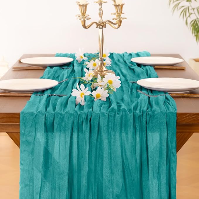 Socomi 2pcs Teal Blue Spring Cheesecloth Table Runner Boho Rustic Gauze 120 inch 10FT Cheese Cloth Runner for Wedding Party Baby Shower Birthday Home Decor