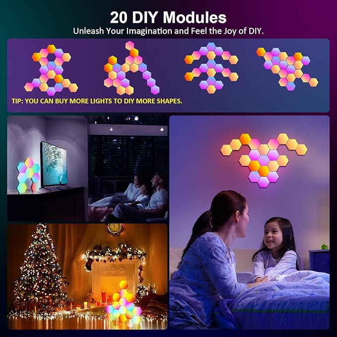 OJQ 20 Pack Hexagon Lights Wall RGB Panel - Hexagonal Led Lights Room Decor Wall Lights Birthday Decorations Gaming Equipment Honeycomb Shape Panels Hexagon Gaming Lights for Bedroom Children