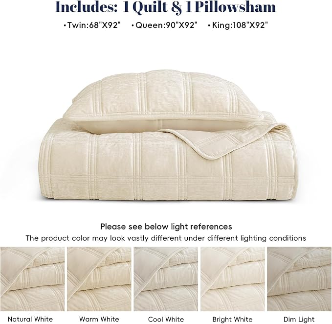 PHF Ultra Soft Velvet Quilt Set Twin Size – 2PCS Luxurious Cozy Quilted Comforter Alternative with Diamond Pattern, Warm Quilted Bedspread Coverlet, 68" x 92", Sand