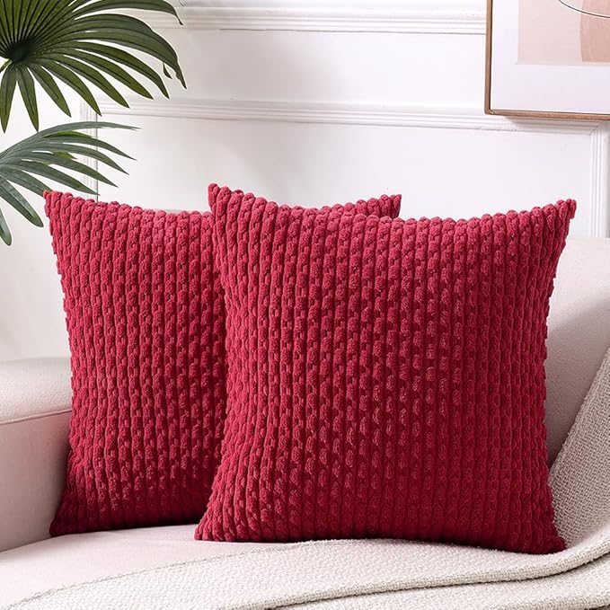 Fancy Homi 2 Packs Burgundy Decorative Throw Pillow Covers 18x18 Inch for Couch Bed Sofa, Modern Farmhouse Boho Home Decor, Soft Cute Plush Corduroy Wine Red Striped Cushion Case 45x45 CM
