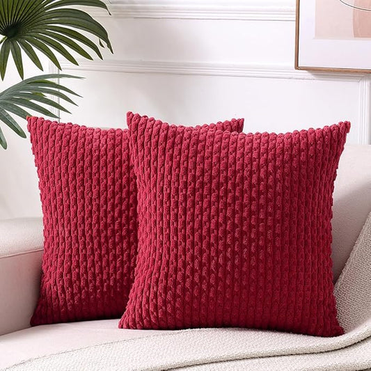 Fancy Homi 2 Packs Burgundy Decorative Throw Pillow Covers 18x18 Inch for Couch Bed Sofa, Modern Farmhouse Boho Home Decor, Soft Cute Plush Corduroy Wine Red Striped Cushion Case 45x45 CM