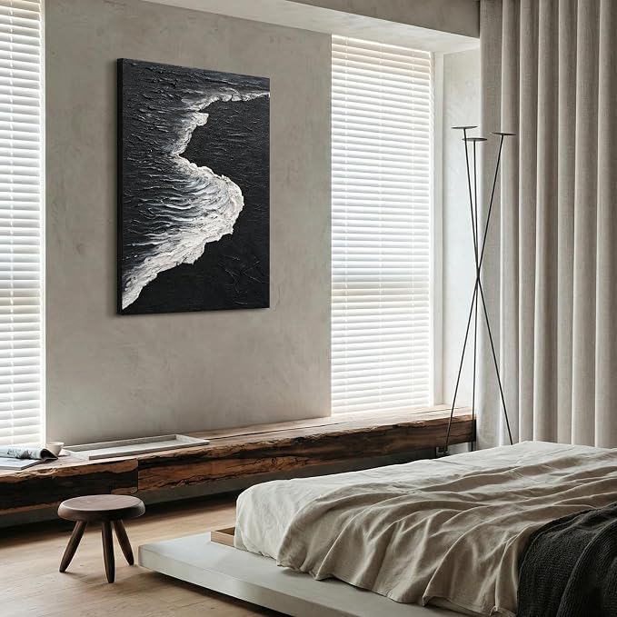 Abstract Black & White Ocean Wave Wall Art, Vertical Textured Oil Painting | Hand-Painted Modern Minimalist Artwork for Living Room Bedroom Office, Large Coastal Wall Decor Inspired by Shoreline Rhythm