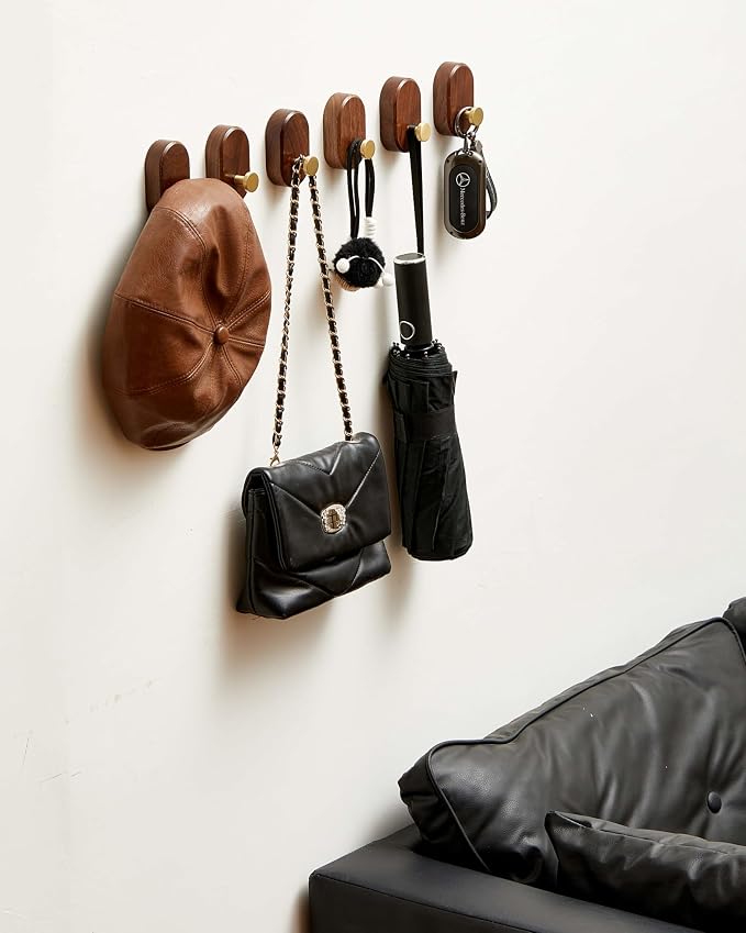 Wood Coat Hooks Wall Mount - Modern Walnut Coat Hook with Brass Accent for Hanging Clothes,Keys,Purse,Robes,Towel,Backpacks, Single Brass Wall Hooks Heavy Duty for Entryway, Closet, Bathroom (6 Pack)