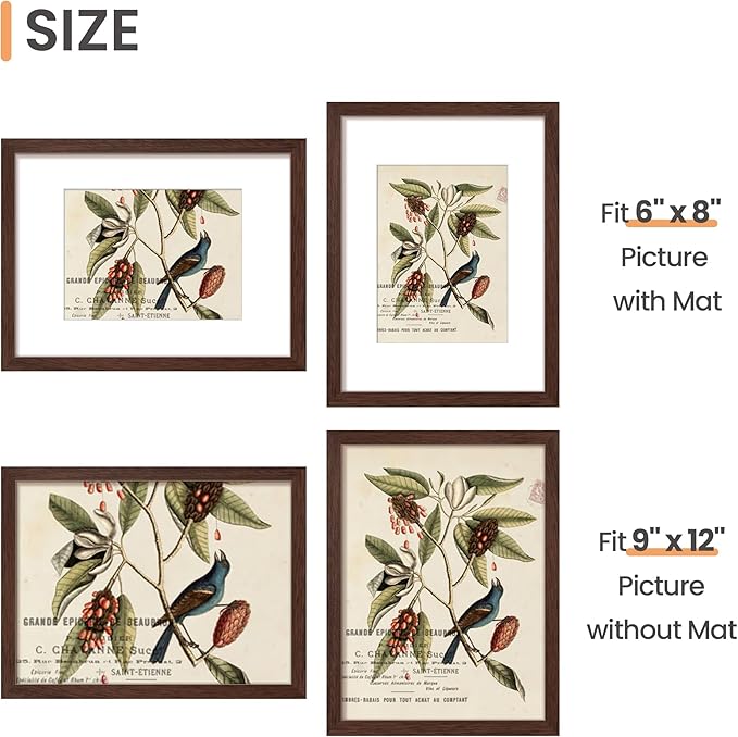 upsimples 9x12 Picture Frame, Display Pictures 6x8 with Mat or 9 x 12 Without, Wall Hanging Photo Frames, Brown, 1 Pack