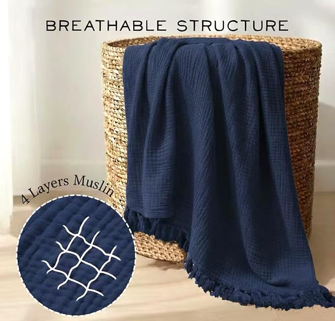 KyraHome 100% Organic Cotton Throw Blankets for Couch, Muslin Blankets for Adults, 60"x80", Plant Dyed Breathable Lightweight Summer Blankets, All Season (Navy Blue)