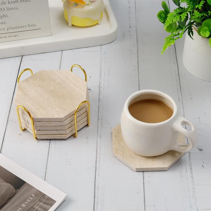 Octagonal Travertine Coasters Set of 6 with Holder, Farmhouse Rustic Neutral Stone Coaster for Home Table Decor, Porous Natural Travertine Absorbent Drink Coasters, Velvet Backed