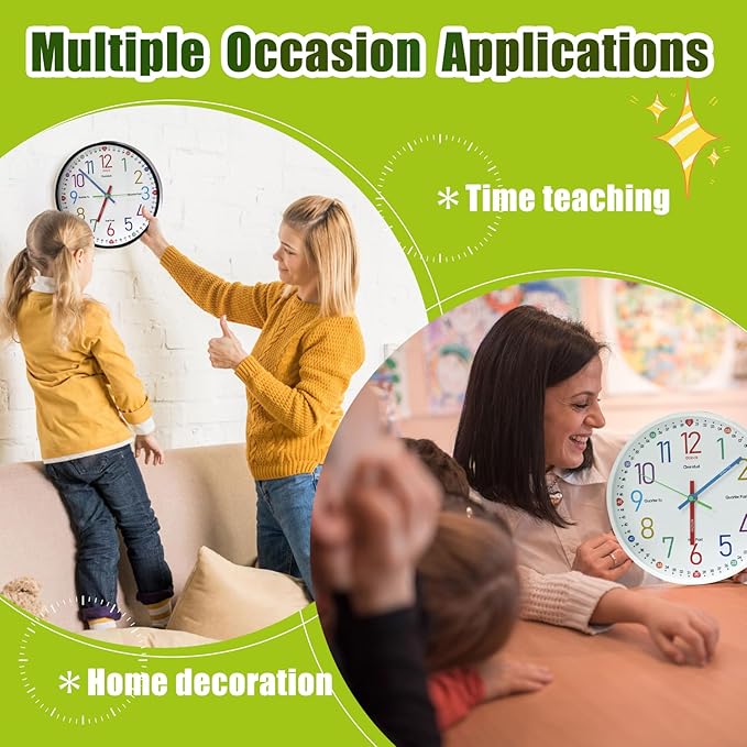 Learning Clock for Kids,10'' Silent Non-Ticking Teaching to Tell Time Colorful Wall Clocks for Children's Room Bedroom Classroom Home Decor, Gifts for Christmas Birthday (White)